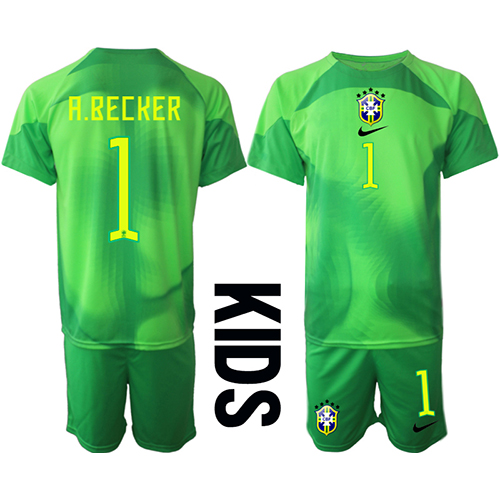 Otroški Nogometni dresi Brazilija Alisson Becker #1 Vratar Gostujoči SP 2022 Kratek Rokav (+ Kratke hlače)